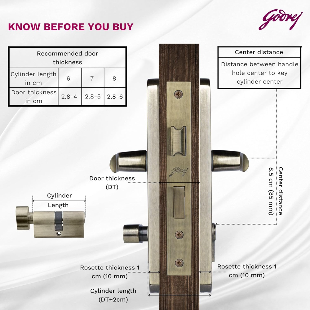 Godrej Mortise Lock I Handle Set 1CK EM01 I Antique Brass Finish I 6-Lever Lock I 3 Keys I Double Throw I 5